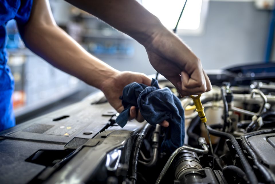 Checking oil in car engine