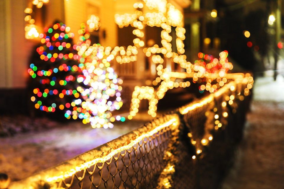 shiny Christmas decorations outside at night