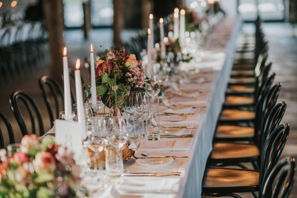Wedding dinner table with empty glasses