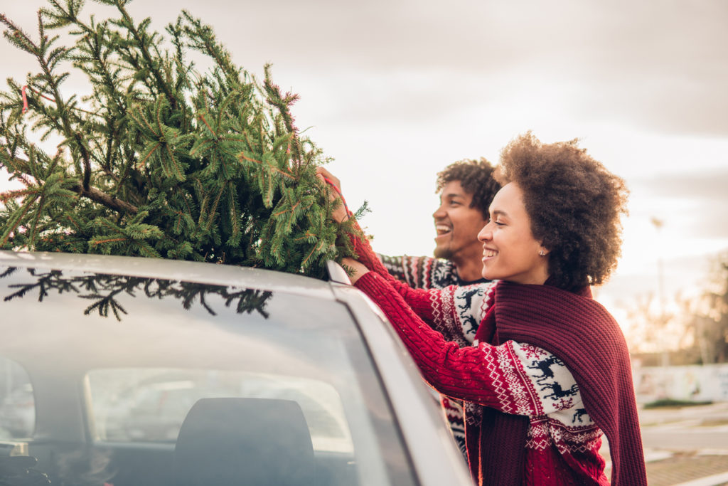 Smiling couple tying Christmas tree to a car